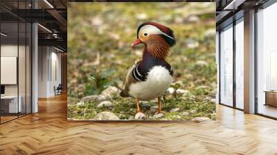 The mandarin duck (Aix galericulata) male duck standing on the shore of the lake, water in background, scene from wildlife, Switzerland, common bird in its environment Wall mural