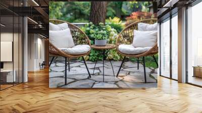 3-piece patio set with two rattan chairs and end table, light brown frame, black legs, white cushions, stone floor, garden background, impressionist style. Wall mural