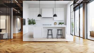 3D rendering of a white minimalist modern kitchen with island and bar counter, featuring floor-to-ceiling windows and a winter landscape outside. Wall mural