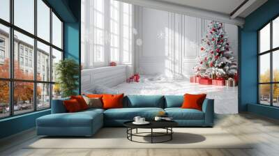 Bright white room with decorated Christmas tree and gifts for New Year, detailed festive setting with white background, high-resolution photography. Wall mural