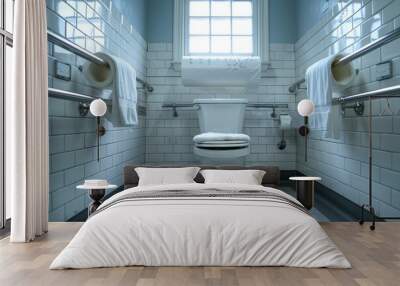 Close-up of a bathroom toilet with metal safety bars, oversized panorama paper roll on the backrest, and grey tiles, featuring a stainless steel handrail for support. Wall mural