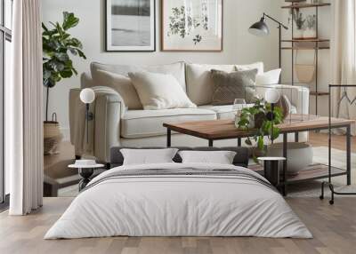 Elegant living room with a black metal frame and walnut wood top coffee table, featuring two shelves for storage. Contemporary decor with plush white fabric sofa, surrounded by home accessories like v Wall mural