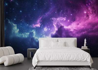 Galactic background with purple and blue stars, smoke, and shining stars in a dark space sky. Wall mural