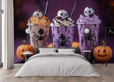 Halloween skeleton spider pumpkin milkshake with vibrant purple background. Wall mural