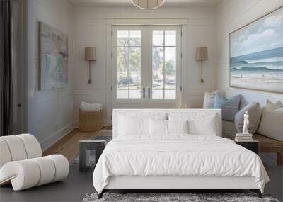 Head-on shot of front door in a white beach-style home with light wood floors, art above the bench, and symmetrical design, illuminated by morning light. Wall mural