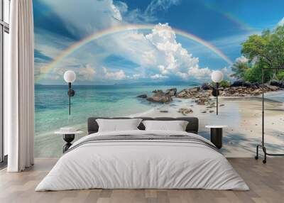 High-resolution HDR wide-angle photograph of a rainbow over the white sandy beach of Song Khaan Island, Thailand, featuring exotic landscape, blue sky, and tropical paradise with stunning details. Wall mural