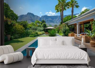 Luxurious swimming pool surrounded by lush greenery and mountains in Cape Town, captured in high-resolution photography with professional color grading. Wall mural