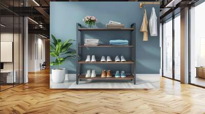 Modern G stage rack with grey metal frame and dark wood shelves, showcasing light-colored women's clothing and shoes against a blue wall in a stylish bedroom. Wall mural