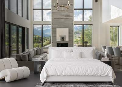 Modern home in Le Roy, Colorado with white walls, mountain views, stone fireplace, gray couches, coffee table, and mid-century modern furniture, captured with Nikon Z6 II. Wall mural