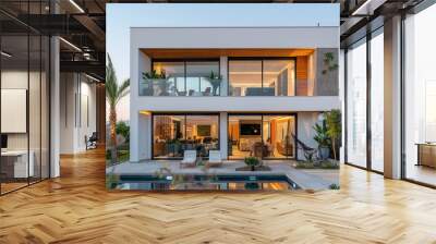 Modern two-story house with white walls, large windows, and wooden accents, featuring an outdoor pool area surrounded by greenery, a palm tree, and a lounge chair at dusk with ambient lighting  Wall mural