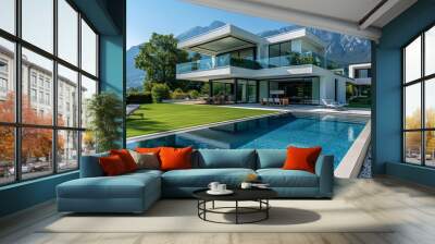 Modern villa with pool and garden, mountain view, blue sky, white walls, glass windows, terrace furniture, high-resolution exterior shot. Wall mural