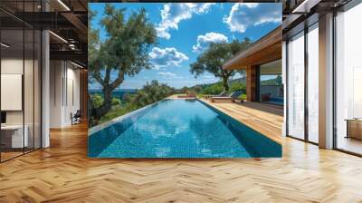 Modern wooden house with pool, large terrace, and view of olive trees in Mediterranean countryside under a bright blue summer sky. Wall mural