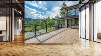 Panoramic view from a wooden deck with glass railing, overlooking green hills and a tennis court in the Black Pacific Northwest with a cloudy blue sky. Wall mural