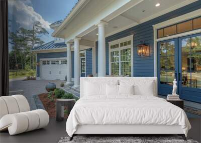 professional photo of a front porch with white trim and light blue doors, open garage door on the le Wall mural