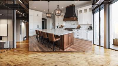 Sleek modern kitchen with a central island, white cabinetry, and dark wood accents, showcasing luxury design and high-end finishes. Wall mural