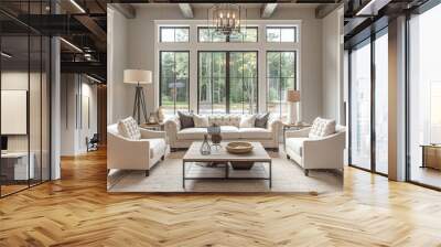 Spacious living room with large windows, light gray walls, wooden floors, central sofa, armchairs, floor lamp, ceiling light, and elegant chandelier. Clean, minimalist design. Wall mural