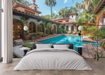 Upscale back patio with Spanish moss, plants, potted palms, brick herringbone floor, stone table, and small blue pool in Spanish architecture style. Wall mural