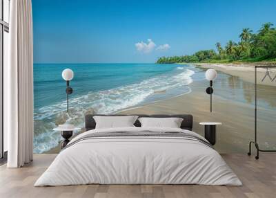 Wide Shot of Pristine White Sands and Turquoise Waters at Stout Beach, Kerala, India, with Clear Blue Sky Wall mural