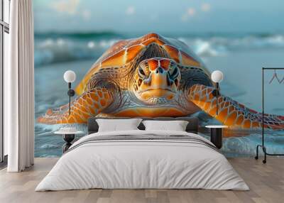 Sea turtle on the beach, sunset, cinematic wildlife photo Wall mural