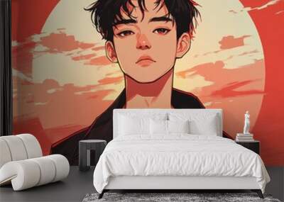 A youth boy with Asian faces in anime cartoon image.    The  designs are dynamic and eye-catching.    The anime style brings a sense of fun and creativity.     It's a combination of art and commerce  Wall mural