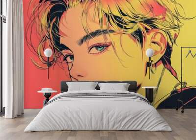 A youth boy with  European or American faces in anime cartoon image. The  designs are dynamic and eye-catching.  The anime style brings a sense of fun and creativity. It's a art and commerce. Wall mural