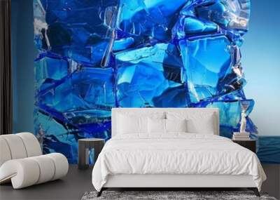 Blue graphics with rough glass edges.   The gradient colors are vivid and eye-catching.   The solid color areas add stability.   The rough edges of the glass give it a unique texture.   Wall mural