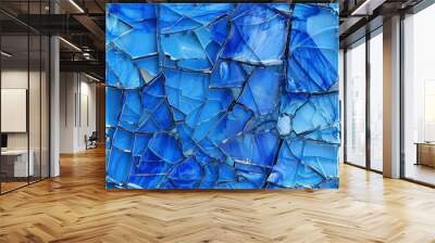 Blue graphics with rough glass edges.   The gradient colors are vivid and eye-catching.   The solid color areas add stability.   The rough edges of the glass give it a unique texture.   Wall mural