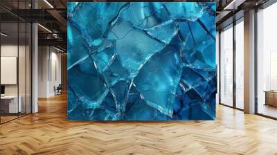 Blue graphics with rough glass edges.   The gradient colors are vivid and eye-catching.   The solid color areas add stability.   The rough edges of the glass give it a unique texture.   Wall mural