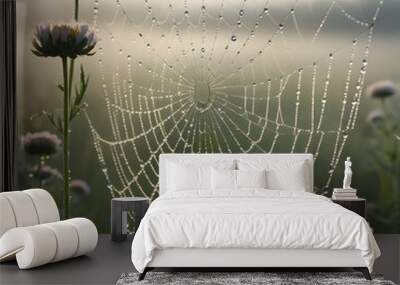 a spider web with water droplets on it in the morning. Wall mural