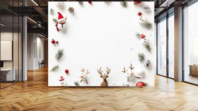 Minimalist yet charming scene with Santa's elks and a snowmans.  a white background.  There is a sense of winter wonder and Christmas holiday spirit in the picture. Wall mural