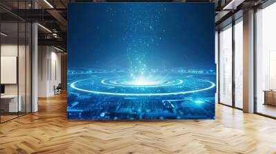 Abstract glowing circular light rays on blue background with digital elements, AI-inspired tech concept design, high resolution futuristic tech wallpaper with ground-based portal effect. Wall mural