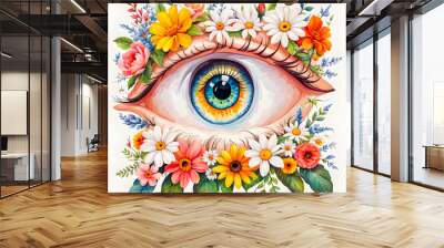 Illustration of art Eye with cute flowers on white background. Wall mural