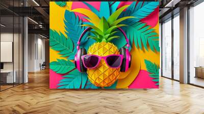 illustration of paper art Pineapple with headphones and sunglasses on the abstract background.  Wall mural