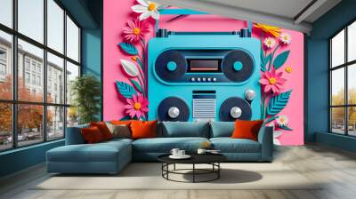 Illustration of paper art radio and flowers on the abstract background. Wall mural