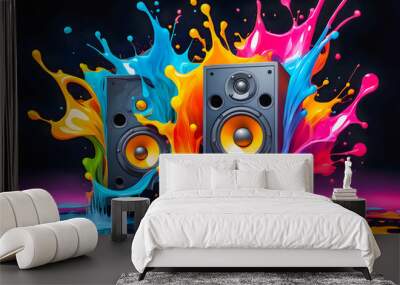 illustration of speaker and liquid splashing on the abstract background. Wall mural