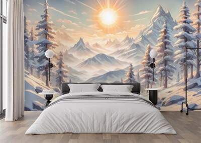 Snow-covered mountain landscape with trees under a bright sun. Wall mural