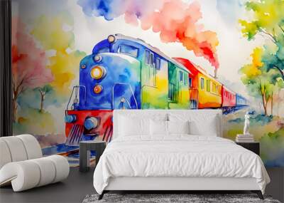 Watercolor picture of train on the abstract background. Wall mural