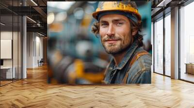 A man wearing a yellow hard hat and a blue shirt is smiling Wall mural