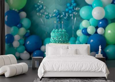 Blue and Green Birthday Cake on Table Wall mural