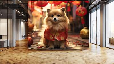 dog with red clothing on the Chinese new year street background Wall mural