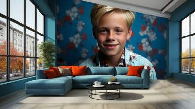 Young Boy With Blonde Hair Wearing Flowered Shirt Wall mural