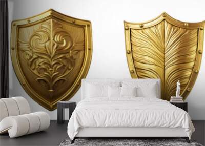 Golden shields with ornate designs in four different styles isolated on transparent background Wall mural