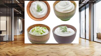 Greek yogurt with dill and cucumber garnishes in ceramic bowls Wall mural