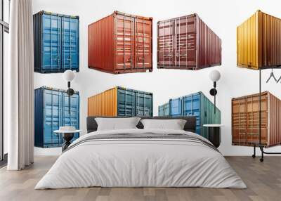 Shipping containers in different colors and conditions isolated on transparent background Wall mural