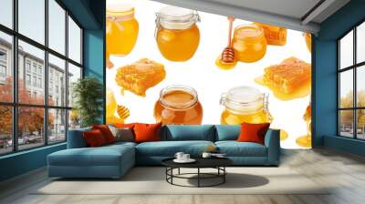 Variety of honey jars and honeycombs in different arrangements isolated on transparent background Wall mural