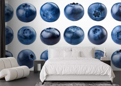 Various fresh blueberries arranged in different patterns isolated on transparent background Wall mural