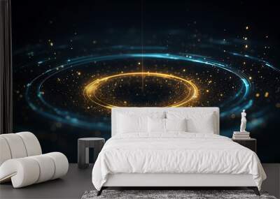 Holographic quantum vortex, shimmering particles spiraling through three-dimensional blue space Wall mural