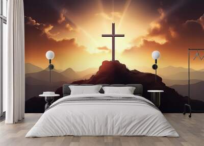 Silhouette holy cross concept symbol on top of mountain resurrection background with sunlight Wall mural