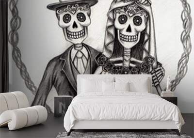 Sugar skull couple love wedding day of the dead hand pencil drawing on paper. Wall mural