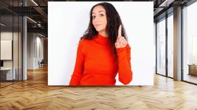 No sign gesture. Closeup portrait unhappy teen girl wearing knitted red sweater over white background raising fore finger up saying no. Negative emotions facial expressions, feelings. Wall mural